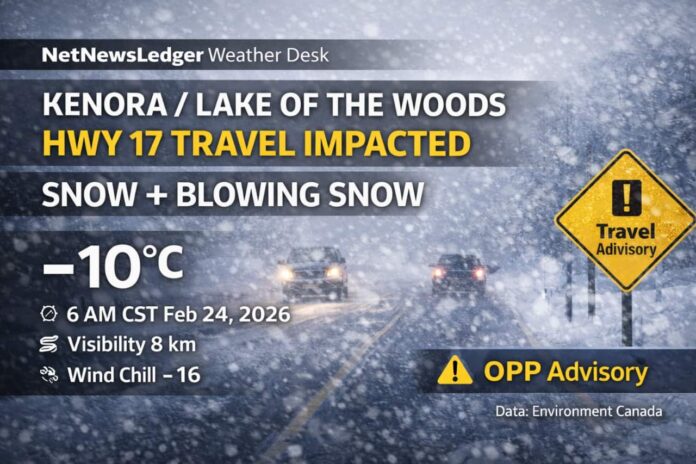 Kenora & Lake of the Woods weather for Feb. 24, 2026: light snow and drifting snow this morning with icy Highway 17 travel, snow ending late morning, gusty wind shifts bringing local blowing snow risk, then a bitter cold drop tonight with wind chills near -30 and frostbite risk.