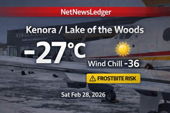 Kenora Weather Feb 28, 2026 at 08_07_46 AM Kenora and Lake of the Woods region weather for Saturday, February 28, 2026: clear and -27°C early with wind chill near -36 and frostbite risk. Sunny today with a high near -13°C, then clear and very cold tonight near -30°C. A slow warm-up begins early next week with flurry chances and highs approaching 0°C by Monday.