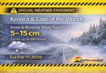 February 17, 2026: Kenora & Lake of the Woods Forecast — Snow and Blowing Snow Arrive Tonight Kenora and Lake of the Woods weather for Tuesday, Feb. 17, 2026: clear and cold this morning, then cloud increases with snow and local blowing snow developing overnight. Special Weather Statement warns 5–15 cm of snow and gusts up to 60 km/h tonight into Wednesday, with reduced visibility and difficult travel.