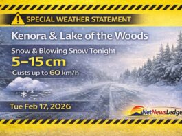February 17, 2026: Kenora & Lake of the Woods Forecast — Snow and Blowing Snow Arrive Tonight Kenora and Lake of the Woods weather for Tuesday, Feb. 17, 2026: clear and cold this morning, then cloud increases with snow and local blowing snow developing overnight. Special Weather Statement warns 5–15 cm of snow and gusts up to 60 km/h tonight into Wednesday, with reduced visibility and difficult travel.