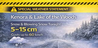 February 17, 2026: Kenora & Lake of the Woods Forecast — Snow and Blowing Snow Arrive Tonight Kenora and Lake of the Woods weather for Tuesday, Feb. 17, 2026: clear and cold this morning, then cloud increases with snow and local blowing snow developing overnight. Special Weather Statement warns 5–15 cm of snow and gusts up to 60 km/h tonight into Wednesday, with reduced visibility and difficult travel.