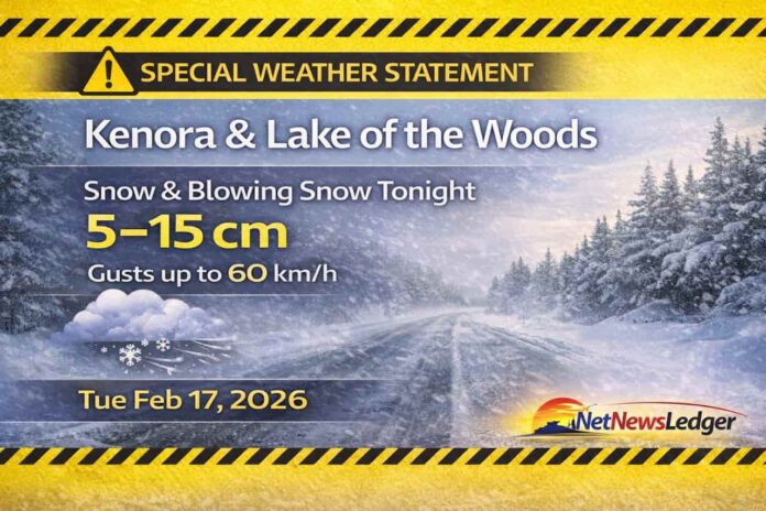 Kenora and Lake of the Woods weather for Tuesday, Feb. 17, 2026: clear and cold this morning, then cloud increases with snow and local blowing snow developing overnight. Special Weather Statement warns 5–15 cm of snow and gusts up to 60 km/h tonight into Wednesday, with reduced visibility and difficult travel.