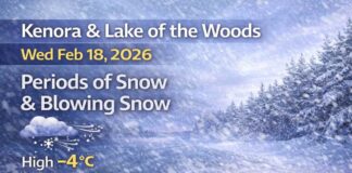 February 18, 2026: Kenora & Lake of the Woods Detailed Weather Forecast — Blowing Snow Today, Snow Chances Linger Into Thursday Kenora and Lake of the Woods weather for Wednesday, February 18, 2026: mostly cloudy with periods of snow and blowing snow, gusty east winds up to 60 km/h, and a high near -4°C. Snow chances continue tonight and Thursday, then colder air returns with flurries and a sharp drop by Sunday night.