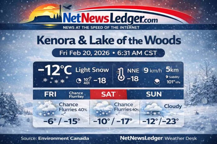 Kenora and Lake of the Woods weekend weather forecast for Feb 20–22, 2026: light snow ending Friday morning, then mostly cloudy with a 40% chance of flurries, highs near -6 to -12°C, and a sharp drop to -23°C Sunday night
