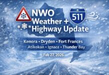 Northwestern Ontario Weather and Highway Conditions Update A sharp-moving system is driving gusty winds, flurries, and pockets of blowing snow across Northwestern Ontario today, followed by a deep freeze tonight (wind chills well into the -20s and -30s). Thunder Bay is under a strong wind statement with gusts up to 80 km/h expected this afternoon