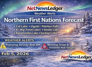 February 5, 2026: Northern Ontario First Nations Detailed Weather Forecast — Freezing Drizzle Risk, Snow, and Dangerous Wind Chills Northern Ontario First Nations forecast for Cat Lake, Sandy Lake, Ogoki/Marten Falls, KI (Big Trout Lake), Kasabonika & Sachigo Lake—freezing drizzle advisory, snow, and dangerous wind chills