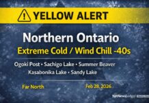 February 28, 2026: Northern Ontario’s Detailed Weather Overview — Extreme Cold and Dangerous Wind Chills Northern Ontario weather overview for February 28, 2026 featuring Ogoki Post/Marten Falls, Sachigo Lake, Summer Beaver, Kasabonika Lake, and Sandy Lake. Extreme cold and dangerous wind chills (-40s) continue today, with sunshine but bitter temperatures, and snow chances increasing early next week.