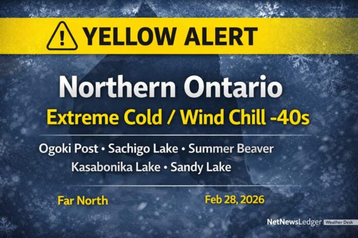 Northern Ontario weather overview for February 28, 2026 featuring Ogoki Post/Marten Falls, Sachigo Lake, Summer Beaver, Kasabonika Lake, and Sandy Lake. Extreme cold and dangerous wind chills (-40s) continue today, with sunshine but bitter temperatures, and snow chances increasing early next week.