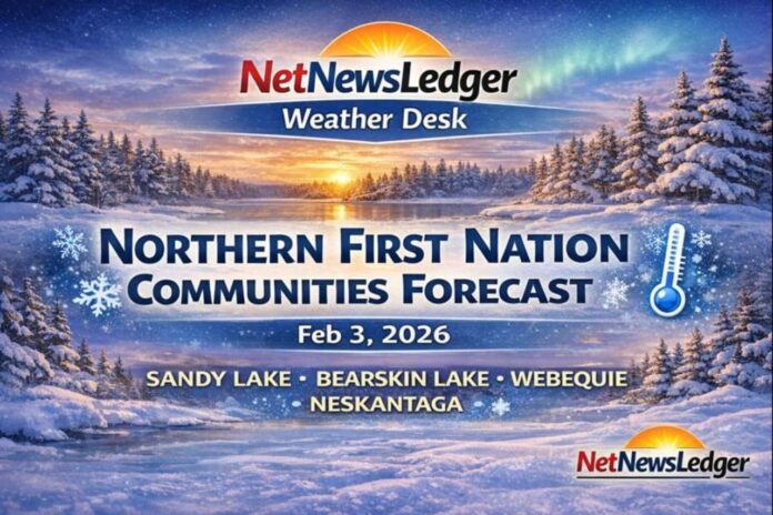 Northern Ontario First Nation weather forecast for Feb. 3, 2026: Sandy Lake, Bearskin Lake, Webequie, and Neskantaga. Extreme cold and dangerous wind chills today, flurries and snow midweek Northern Ontario First Nation weather forecast for Feb. 3, 2026: Sandy Lake, Bearskin Lake, Webequie, and Neskantaga. Extreme cold and dangerous wind chills today, flurries and snow midweek