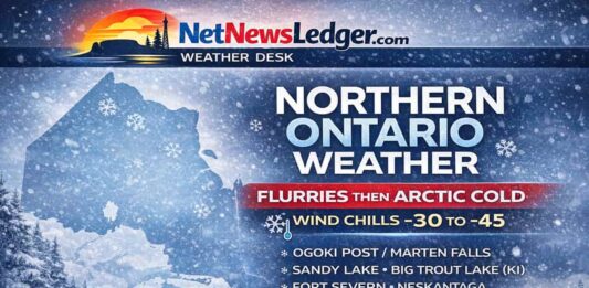 February 21, 2026: Northern Ontario Weather Forecast — Light Snow and Flurries, Then a Hard Turn Into Deep Cold Northern Ontario weather (Feb 21–23, 2026): Ogoki Post/Marten Falls, Neskantaga, Sandy Lake, Big Trout Lake/KI, and Fort Severn see flurries and light snow today, then a sharp push of Arctic cold with dangerous wind chills and frostbite risk, especially Sunday.