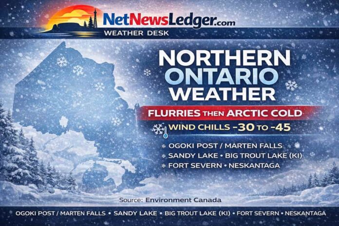 Northern Ontario weather (Feb 21–23, 2026): Ogoki Post/Marten Falls, Neskantaga, Sandy Lake, Big Trout Lake/KI, and Fort Severn see flurries and light snow today, then a sharp push of Arctic cold with dangerous wind chills and frostbite risk, especially Sunday.