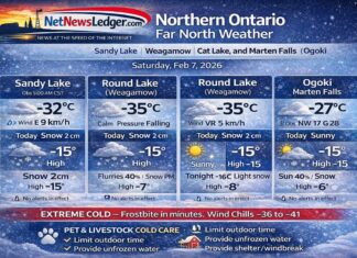 Saturday, February 7, 2026: Northern Ontario Weather Forecast — Sandy Lake, Round Lake (Weagamow), Cat Lake, and Marten Falls (Ogoki Post) Northern Ontario weather for Feb 7, 2026: extreme cold across Sandy Lake, Round Lake (Weagamow), Cat Lake, and Marten Falls (Ogoki). Wind chills as low as -41, light snow for Sandy Lake/Weagamow and Cat Lake tonight, with flurry and snow chances continuing into Sunday and Monday.