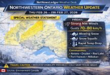 Weather Alerts Issued – Feb. 26–27, 2026: Northwestern Ontario Weather Update — Snow Squalls Risk & Strong Winds Friday Northwestern Ontario weather update for Feb 26–27, 2026 covering Kenora, Dryden, Red Lake, Fort Frances, and Atikokan: light snow and flurries tonight, then Friday’s cold front brings strong winds (gusts 70–80 km/h), blowing snow, and potential snow squalls with rapid visibility drops and a sharp temperature plunge Friday night.