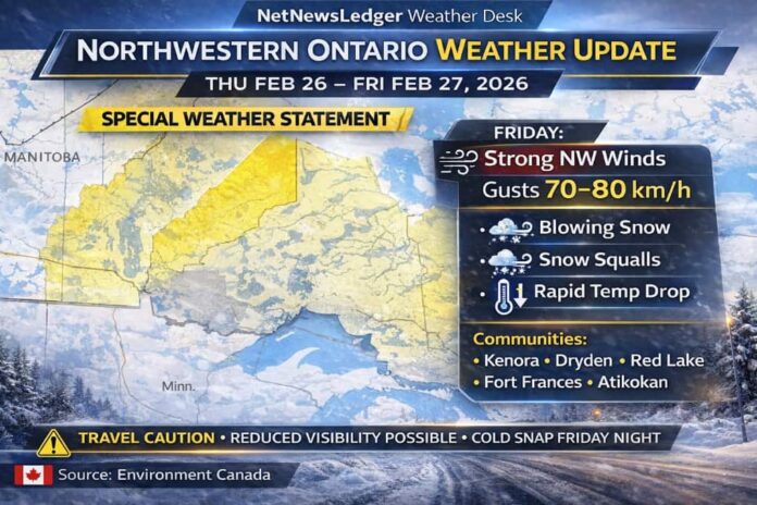 Northwestern Ontario weather update for Feb 26–27, 2026 covering Kenora, Dryden, Red Lake, Fort Frances, and Atikokan: light snow and flurries tonight, then Friday’s cold front brings strong winds (gusts 70–80 km/h), blowing snow, and potential snow squalls with rapid visibility drops and a sharp temperature plunge Friday night.