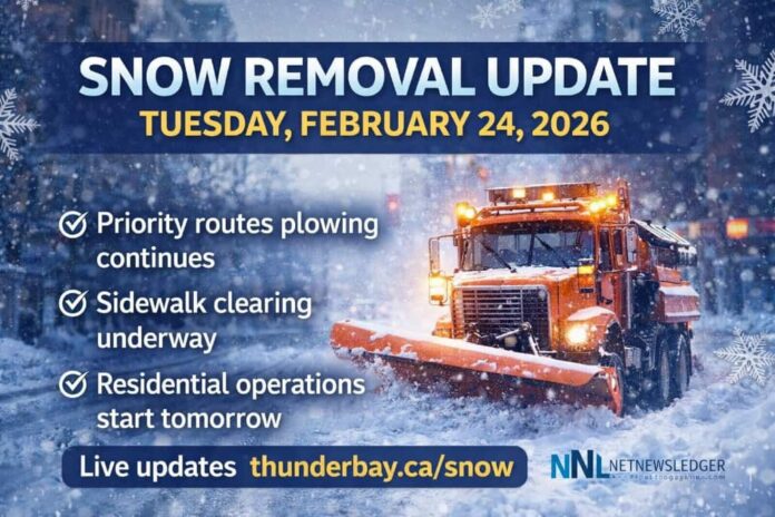 Thunder Bay snow removal continues Tuesday after another 10 cm; priority routes and sidewalks underway