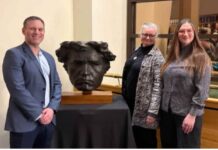 Thunder Bay Community Auditorium unveils bust of Ludvig van Beethoven as part of 40th Anniversary Celebrations A bust of Ludvig van Beethoven was generously donated to the TBCA by the Browne family. From left to right: Andrew Edwards, Acting General Manager, TBCA, Sylvie Browne, Aurora Browne.