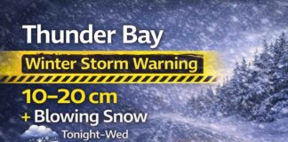 February 17, 2026: Thunder Bay Forecast — Calm Today, Winter Storm Warning Tonight into Wednesday Night Thunder Bay weather for Tuesday, February 17, 2026: sunny today with a high of 0°C, but a Yellow Winter Storm Warning begins tonight