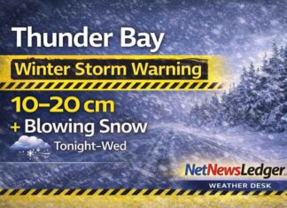 February 17, 2026: Thunder Bay Forecast — Calm Today, Winter Storm Warning Tonight into Wednesday Night Thunder Bay weather for Tuesday, February 17, 2026: sunny today with a high of 0°C, but a Yellow Winter Storm Warning begins tonight