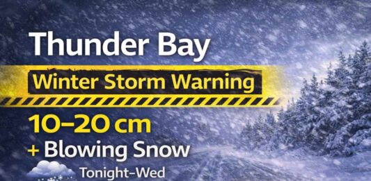 February 17, 2026: Thunder Bay Forecast — Calm Today, Winter Storm Warning Tonight into Wednesday Night Thunder Bay weather for Tuesday, February 17, 2026: sunny today with a high of 0°C, but a Yellow Winter Storm Warning begins tonight
