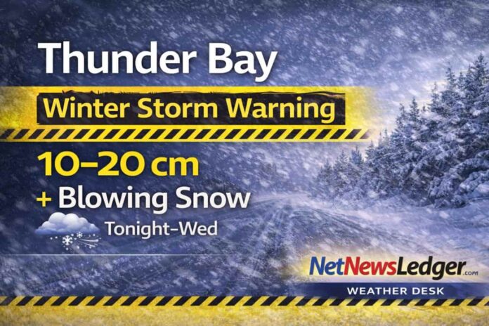Thunder Bay weather for Tuesday, February 17, 2026: sunny today with a high of 0°C, but a Yellow Winter Storm Warning begins tonight