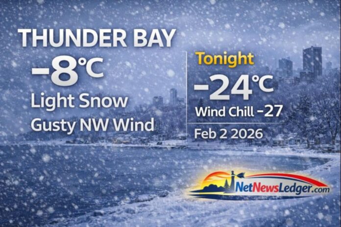Thunder Bay weather forecast for Monday, February 2, 2026: light snow this morning and a high near -8°C with a gusty northwest wind. Sharp drop tonight to -24°C