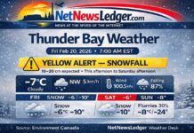 February 20, 2026: Thunder Bay’s Detailed Weather Forecast — Yellow Snowfall Warning, 10–20 cm Expected Thunder Bay weather for Feb 20, 2026: Yellow Snowfall Warning in effect with 10–20 cm expected from this afternoon into Saturday. Travel impacts likely.