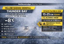 Feb. 24, 2026: Thunder Bay Weather Warning Update — Heavy Snow and Blowing Snow Today Thunder Bay weather update for Feb. 24, 2026: Yellow Snowfall Warning in effect with 15–25 cm possible, heavy snow at times, blowing snow, reduced visibility, and hazardous travel on Highways 11 and 17. Current conditions near -8°C with gusty southeast winds.