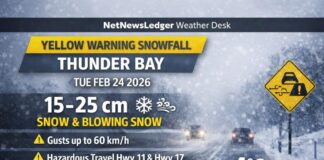 Feb. 23, 2026: Thunder Bay Weather Forecast — Yellow Snowfall Warning for Tuesday Thunder Bay weather forecast for Feb. 23, 2026: very cold today near -15°C, snow develops overnight, and a Yellow Snowfall Warning targets Tuesday with heavy snow, blowing snow, and hazardous travel on Highways 11 and 17