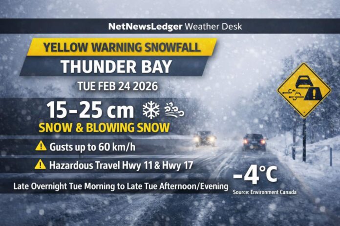 Thunder Bay weather forecast for Feb. 23, 2026: very cold today near -15°C, snow develops overnight, and a Yellow Snowfall Warning targets Tuesday with heavy snow, blowing snow, and hazardous travel on Highways 11 and 17