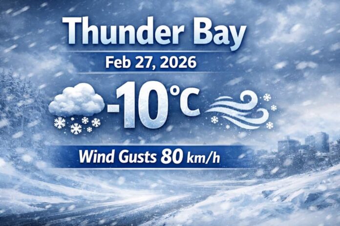 Thunder Bay weather forecast for Friday, February 27, 2026: cloudy with a chance of flurries, high near +2°C, and a Special Weather Statement for strong winds gusting up to 80 km/h with possible blowing snow. Turning colder tonight and through the weekend with sunny skies and very cold lows