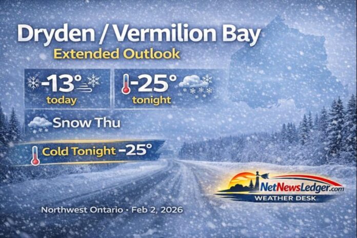 Dryden and Vermilion Bay weather outlook Monday, February 2, 2026: light snow early, high -13°C, and a bitterly cold night near -25°C with wind chill around -29
