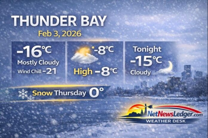 Thunder Bay weather for Tuesday, February 3, 2026: mostly cloudy and -16°C this morning with wind chill near -21 and no alerts in effect