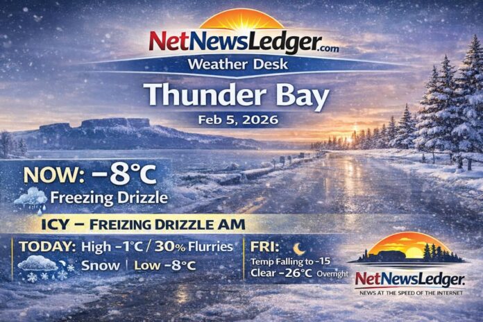Thunder Bay weather for Thursday, Feb. 5, 2026: -8°C with light freezing drizzle this morning, snow ending early then cloudy with a 30% chance of flurries.