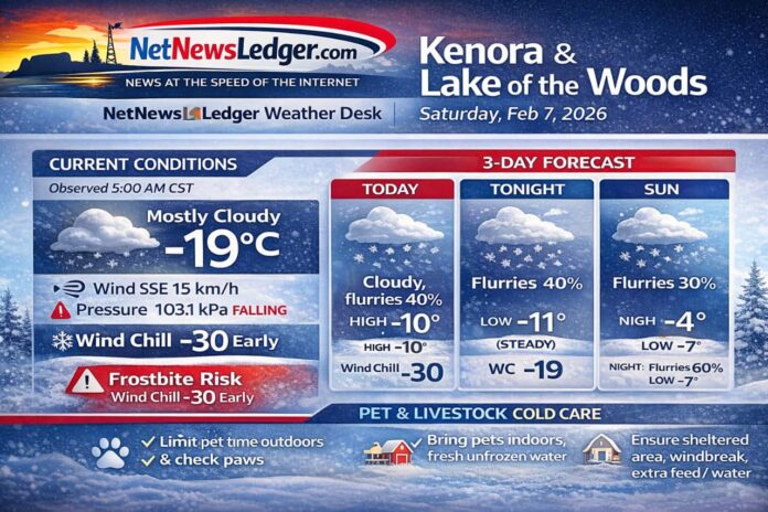 Kenora & Lake of the Woods weather forecast for Saturday, Feb 7, 2026: mostly cloudy with a 40% chance of flurries, southeast winds gusting to 40 km/h early, wind chills near -30, and flurries lingering into Sunday and Monday. Includes cold-weather tips for pets and livestock