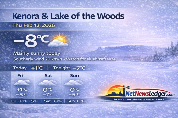 Kenora and Lake of the Woods weather for Thursday, February 12, 2026: partly cloudy this morning near -8°C, then mainly sunny with a high of +1°C.