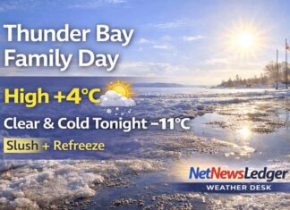 February 16, 2026: Thunder Bay Family Day Weather Forecast — Mild Afternoon, Clear and Cold Tonight, Snow Chances Midweek Thunder Bay Family Day forecast for Monday, February 16, 2026: mainly sunny with a high near +4°C and melting/slushy spots. Clear tonight with fog patches possible and a low near -11°C. Sunny Tuesday (+2°C), then windy with a 70% chance of snow Wednesday.