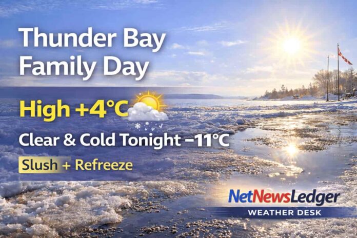 Thunder Bay Family Day forecast for Monday, February 16, 2026: mainly sunny with a high near +4°C and melting/slushy spots. Clear tonight with fog patches possible and a low near -11°C. Sunny Tuesday (+2°C), then windy with a 70% chance of snow Wednesday. Thunder Bay Family Day forecast for Monday, February 16, 2026: mainly sunny with a high near +4°C and melting/slushy spots. Clear tonight with fog patches possible and a low near -11°C. Sunny Tuesday (+2°C), then windy with a 70% chance of snow Wednesday.