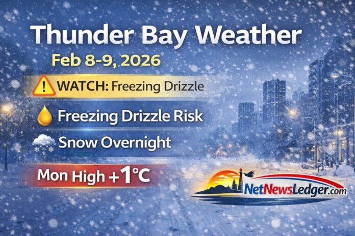 Thunder Bay weather update for Sunday night, February 8, 2026: mostly cloudy near -4°C, with light snow developing near midnight and a risk of freezing drizzle