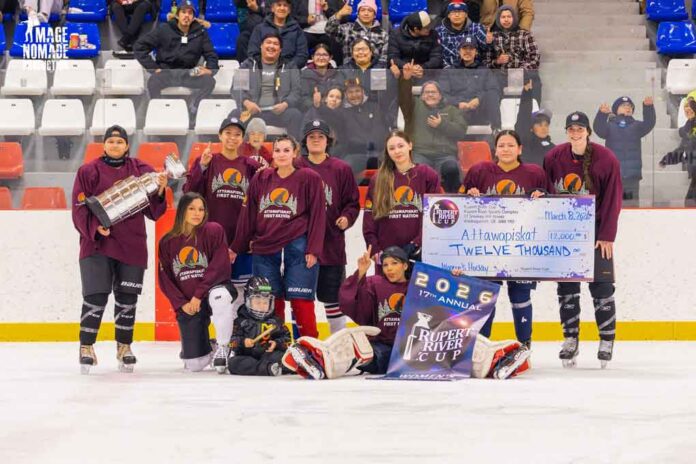 photo by Jonathan Levert / Image Nomade Production Attawapiskat First Nation Womens Hockey Team won top spot for their group division at the Rupert River Cup Tournament which was held from March 5 to 8 in Waskaganish, Quebec. Pictured are the team members after winning their final game with a score of 5-1 against the Chisasibi Flames photo by Jonathan Levert / Image Nomade Production Attawapiskat First Nation Womens Hockey Team won top spot for their group division at the Rupert River Cup Tournament which was held from March 5 to 8 in Waskaganish, Quebec. Pictured are the team members after winning their final game with a score of 5-1 against the Chisasibi Flames