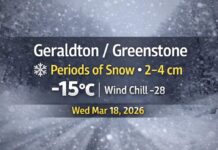 March 18, 2026: Geraldton–Greenstone Detailed Weather Forecast — Snow Today, Clearing Thursday, More Snow Returns Thursday Night Greenstone Weather