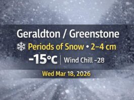 March 18, 2026: Geraldton–Greenstone Detailed Weather Forecast — Snow Today, Clearing Thursday, More Snow Returns Thursday Night Greenstone Weather