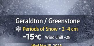 March 18, 2026: Geraldton–Greenstone Detailed Weather Forecast — Snow Today, Clearing Thursday, More Snow Returns Thursday Night Greenstone Weather