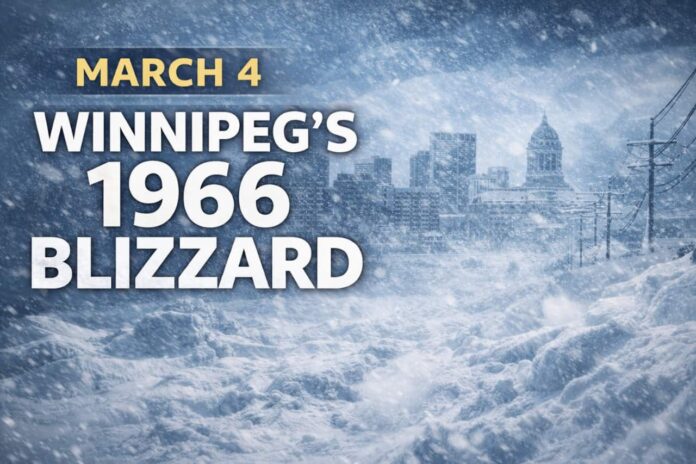 On March 4, 1966, Winnipeg and much of southern Manitoba were swallowed by a full-on prairie blizzard—the kind that turns familiar streets into featureless white corridors and makes a short commute feel like a survival situation