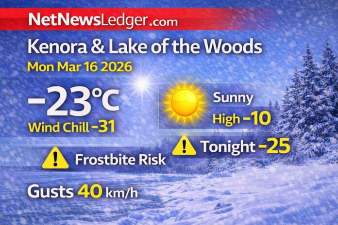 Kenora and Lake of the Woods weather forecast for Monday, March 16, 2026: mainly sunny and -23°C this morning with wind chill near -31 and frostbite risk. Sunny today with gusts up to 40 km/h and a high of -10°C. Kenora and Lake of the Woods weather forecast for Monday, March 16, 2026: mainly sunny and -23°C this morning with wind chill near -31 and frostbite risk. Sunny today with gusts up to 40 km/h and a high of -10°C.
