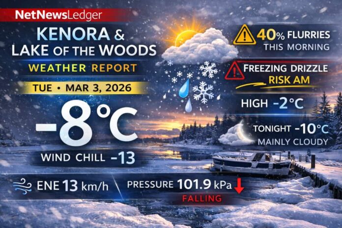 Kenora and Lake of the Woods weather for Tuesday, March 3, 2026: mostly cloudy and -8°C early with falling pressure and an ENE breeze. Cloudy today with a 40% chance of flurries and a risk of freezing drizzle this morning; high -2°C. Tonight low -10°C. Wednesday brings a 40% flurry chance, continued freezing drizzle risk, and NE gusts up to 40 km/h.