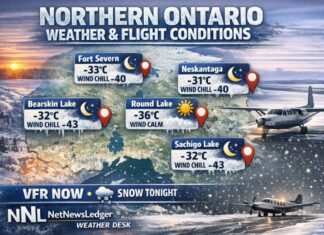 March 17, 2026: Far North Ontario Weather and Flight Conditions — Bitter Cold, Mostly VFR Now, Snow Returning Tonight/Wednesday Far North Ontario, Northern Ontario weather, Fort Severn, Fort Severn Airport, CYER, Round Lake, Weagamow Lake, CZRJ, Neskantaga, Lansdowne House, CYLH, Bearskin Lake, XBE, CNE3, Sachigo Lake, ZPB, CZPB, Big Trout Lake Airport, CYTL, Muskrat Dam Airport, CZMD, Sandy Lake Airport, CZSJ, extreme cold, wind chill, frostbite risk, Arctic high, clear skies, VFR, MVFR, IFR risk, snow tonight, periods of snow, light snow, aviation weather, flight delays, remote community flights, runway conditions, ground handling, preheat, winter operations, NetNewsLedger Weather Desk