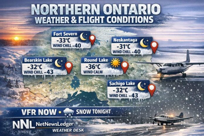 Far North Ontario, Northern Ontario weather, Fort Severn, Fort Severn Airport, CYER, Round Lake, Weagamow Lake, CZRJ, Neskantaga, Lansdowne House, CYLH, Bearskin Lake, XBE, CNE3, Sachigo Lake, ZPB, CZPB, Big Trout Lake Airport, CYTL, Muskrat Dam Airport, CZMD, Sandy Lake Airport, CZSJ, extreme cold, wind chill, frostbite risk, Arctic high, clear skies, VFR, MVFR, IFR risk, snow tonight, periods of snow, light snow, aviation weather, flight delays, remote community flights, runway conditions, ground handling, preheat, winter operations, NetNewsLedger Weather Desk