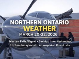 Northern Ontario Weather Forecast for March 20, 21 and 22, 2026 Northern Ontario weather forecast for March 20 to 22, 2026: updated forecasts for Marten Falls/Ogoki, Neskantaga, Sachigo Lake, Kitchenuhmaykoosib, Attawapiskat, and Round Lake, with light snow, flurries, and colder weekend temperatures.