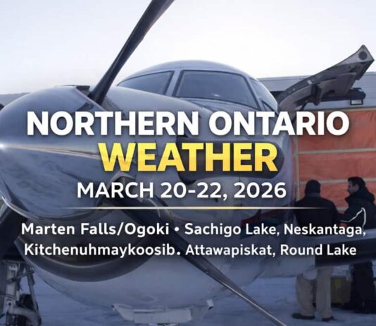 Northern Ontario Weather Forecast for March 20, 21 and 22, 2026 Northern Ontario weather forecast for March 20 to 22, 2026: updated forecasts for Marten Falls/Ogoki, Neskantaga, Sachigo Lake, Kitchenuhmaykoosib, Attawapiskat, and Round Lake, with light snow, flurries, and colder weekend temperatures.