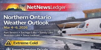 March 4–6, 2026: Northern Ontario Weather Outlook — Fort Severn, Sachigo Lake, Sandy Lake, Bearskin Lake, Sioux Lookout Northern Ontario weather outlook for March 4–6, 2026 covering Fort Severn, Sachigo Lake, Sandy Lake, Bearskin Lake, and Sioux Lookout. Extreme cold and wind chills near -45 in the Far North, snow and gusty winds in Sioux Lookout, and a freezing drizzle risk in spots as the week continues.
